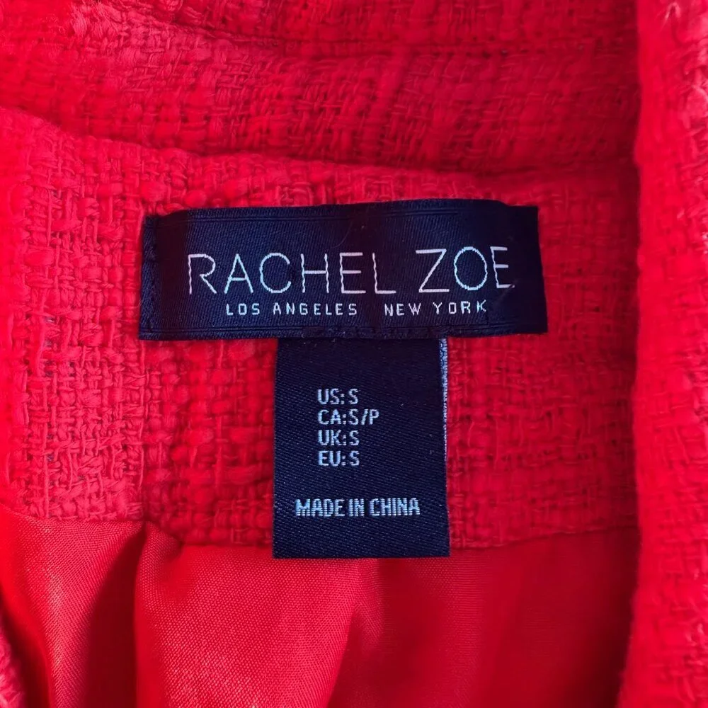 Rachel Zoe Red Tweed Double Breasted Fringe Blazer Coat Size S